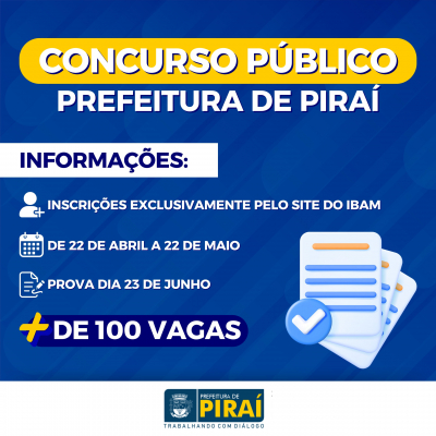 Prefeitura de Piraí abre novo concurso público com mais de 100 vagas