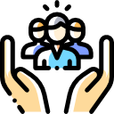 Desenho de duas mãos, em formato côncavo, uma de frente para a outra e três pessoas no meio. Simbolizando a assitência às pessoas.