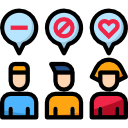 Desenho de três pessoas com camisas das cores azul, amarela e vermelha.  Cada pessoa tem um balão de diálogo sobre a cabeça com os sinais de menos, bloqueio e coração, simbolizando, respectivamente, sugestões negativas, neutras e elogios.