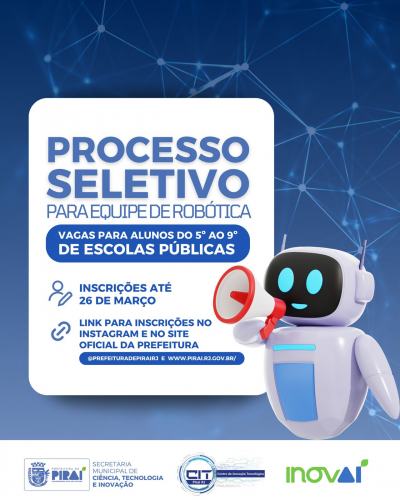 Prefeitura de Piraí abre inscrições para cursos gratuitos de robótica no Centro de Inovação Tecnológica