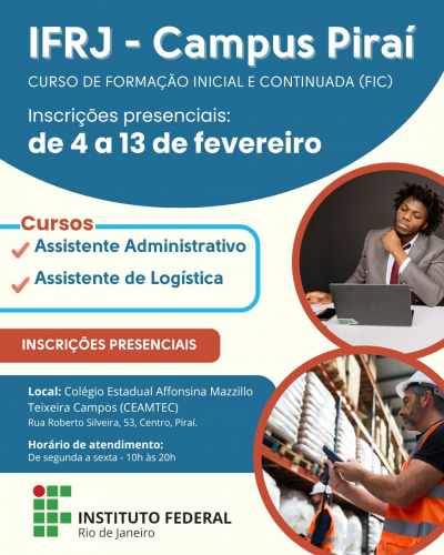 IFRJ abre inscrições para cursos gratuitos em Piraí com 144 vagas disponíveis