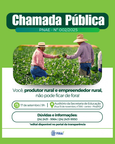 Prefeitura de Piraí realiza Chamada Pública para aquisição de gêneros alimentícios do PNAE