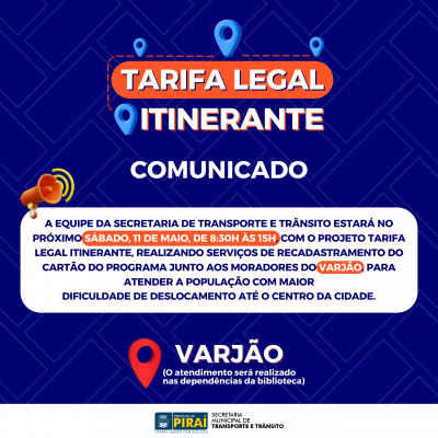 Projeto &#039;Tarifa Legal Itinerante&#039; vai estar no Varjão sábado!