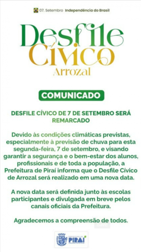 Desfile C&iacute;vico de Arrozal &eacute; adiado devido &agrave; previs&atilde;o de chuva